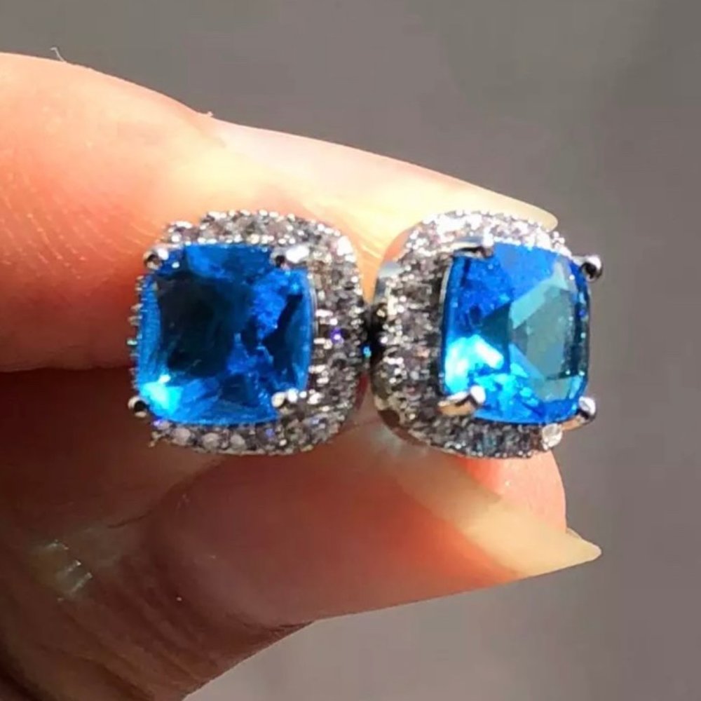 NEW Silver Sapphire Diamond Halo Stud Earring - Picture 1 of 1